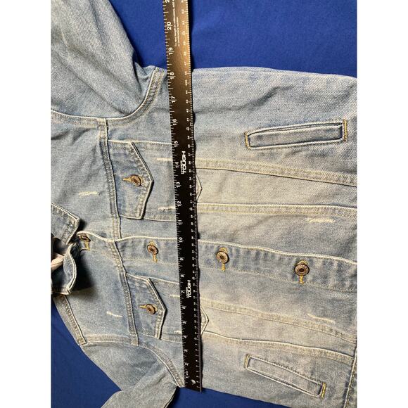 New Womens Distressed Denim Jean Jacket Size Small with Detachable Hood - Picture 15 of 15